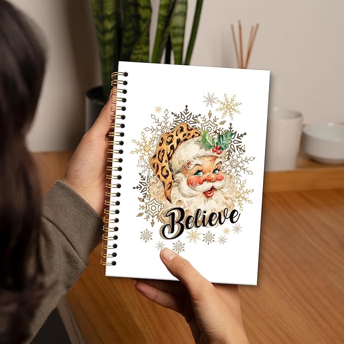 XNXLDYLH Trendy Gold Christmas Santa Notebook Journal, Vintage Preppy Spiral Notebook, Leopard Cheetah Santa Journals Notebooks for Women Men, Christmas Office School Supplies Gifts for Kids,5.5x8.3In