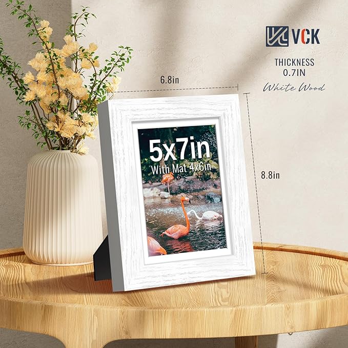 VCK 5x7 Picture Frames White Set of 5, Wide Border Wood, Tempered Glass, Display 4x6 Photo with Mat or 5 x 7 without,for Home, Office, Gallery, Woodgrain Series, Tabletop & Wall Hanging