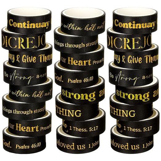 Janlaugh 24 Rolls Christian Washi Tape Gifts Bulk Religious Inspirational Scripture Supplies Bible Verse Tape for Bible Study Journaling Crafting Christmas Stocking Stuffers Gift(Black)
