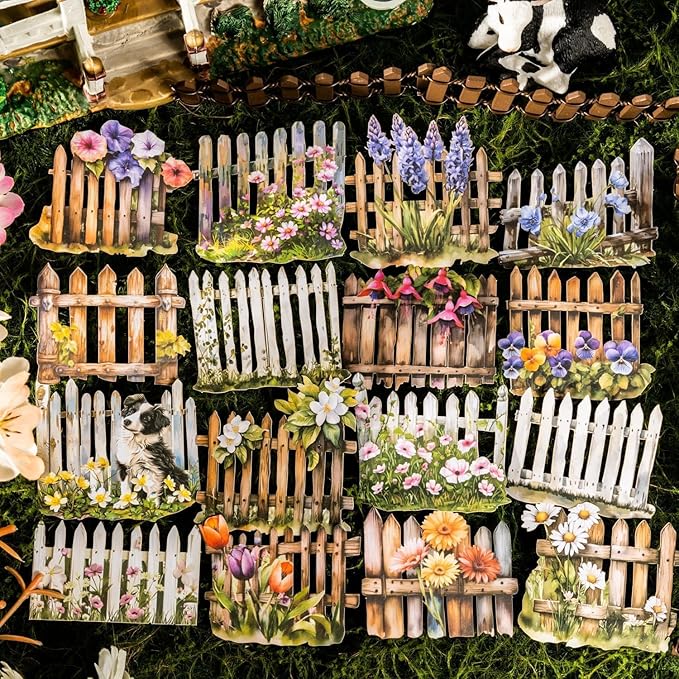 Floral Scrapbook Stickers for Journaling, 60Pcs Fence Flower Stickers for Scrapbooking Supplies, Junk Journal Supplies, DIY Craft(Rural Fence)