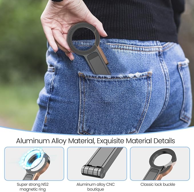 Magnetic Phone Tripod, Aluminum Alloy Mini Foldable Tripod for Cell Phone, Travel Essential Adjustable Phone Stand for Desk/Handheld, Compatible with iPhone 17/16/15/14/13/12 Series, Black