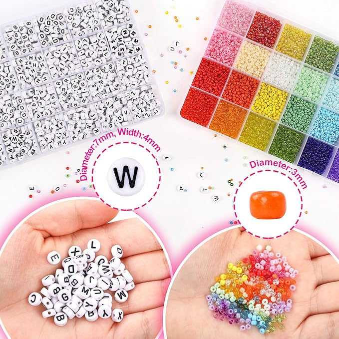 DICOBD 12000pcs 3mm Glass Seed Beads for Bracelets Making Kit with Letter Alphabet Beads, Friendship Bracelet Kits 8/0 Craft Bead for Jewelry Making Necklaces and Key Chains with 2 Rolls of Cord