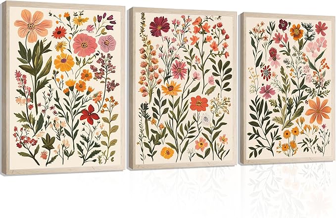 ELESFEK 3Pcs Colorful Wildflower Wall Art Boho Floral Canvas Posters Botanical Prints Flowers Painting Wildflower Nursery Pictures Wall Decor for Living Room Bedroom Unframed