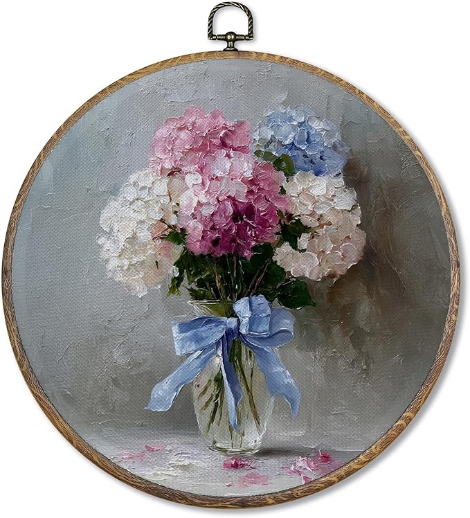 FUGWN Vintage Hydrangea Floral Round Wall Art Decor Framed, Cottagecore Floral Canvas Artwork Prints, Rustic Blue Pink White Flower Wall Hanging Decorations for Home Bedroom Living Room, 10x10 Inch