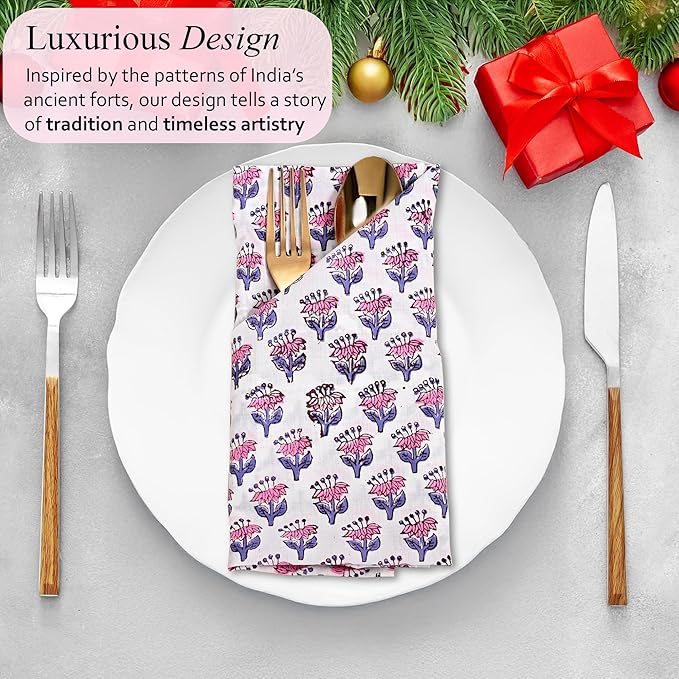 CPC Cloth Napkins 100% Cotton Set of 4 Reusable Napkins, Indian Block Print Toile Floral Dinner Napkin, Fall Thanksgiving Christmas Holiday Party Gift - Soft Absorbent Napkin, 18"x18" Pink Sapphire