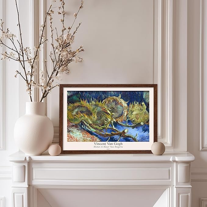 Monem Art Vintage Van Gogh Poster - Retro Blumen in Blauer Vase Anagoria Print - Sunflower Art - Impressionism Art - Fine Art - Classic Painting Art - Bedroom Wall Decor - 8x10 Brown Framed
