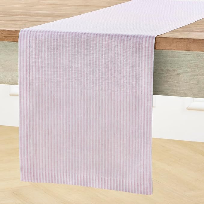 Solino Home Linen Table Runner 90 Inches Long - Narrow Stripe, 100% Pure Linen Pink and White Farmhouse Table Runner 14 x 90 Inch for Dining, Valentines, Spring, Easter