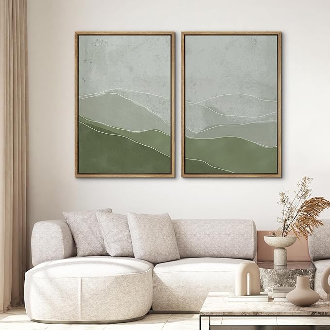 SIGNWIN Framed Wall Art Print Set Faded Green & Gray Wave Landscape Abstract Shapes Illustrations Modern Art Bohemian Relax/Calm Multicolor for Living Room, Bedroom, Office - 24"x36"x2 Natural