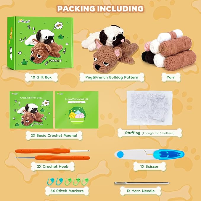 Crochet Kit for Beginners- 2 PCS Pug and French Bulldog Crochet Kits for Adults, 2PCS Sleeping Dog Crochet Kit with Step-by-Step Video Tutorials,Crochet Hook, Instructions DIY Knitting Kit