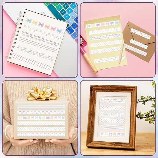 Watercolor Bow Washi Tape - 12 Rolls Pastel Preppy Aesthetic Decorative Acid Paper for Scrapbook, Journal Decor, Gift Wrapping, Photo Albums & DIY Crafts, Residue Free Easy Tear Adhesive