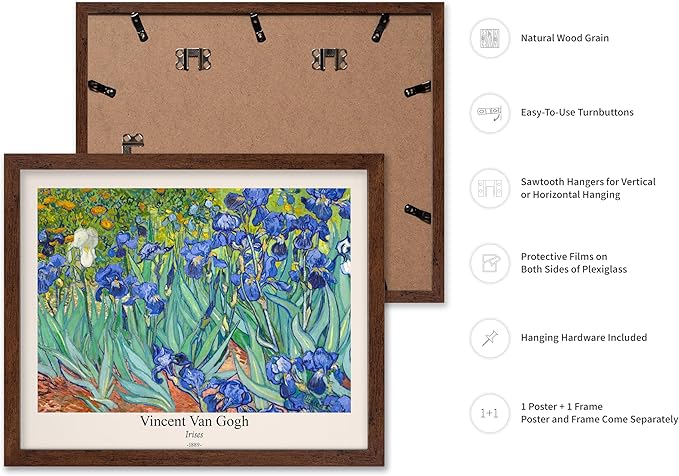 Monem Art Vintage Van Gogh Poster - Retro Irises Print - Impressionism Art - Floral Art - Fine Art - Flower Art - Classic Painting Art - Aesthetic Living Room Wall Decor - 16x20 Brown Framed