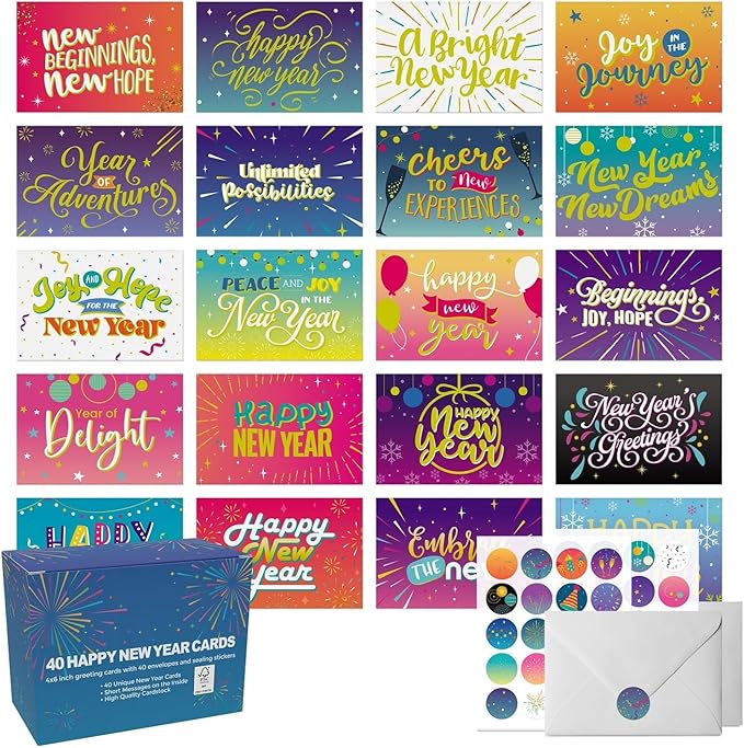 Dessie 40 Unique New Years Cards Boxed with Envelopes & Stickers, 4” x 6” Gold Foil Happy New Year Greeting Cards Assortment Box, Bulk Variety Pack