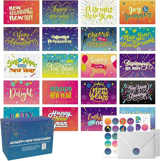 Dessie 40 Unique New Years Cards Boxed with Envelopes & Stickers, 4” x 6” Gold Foil Happy New Year Greeting Cards Assortment Box, Bulk Variety Pack