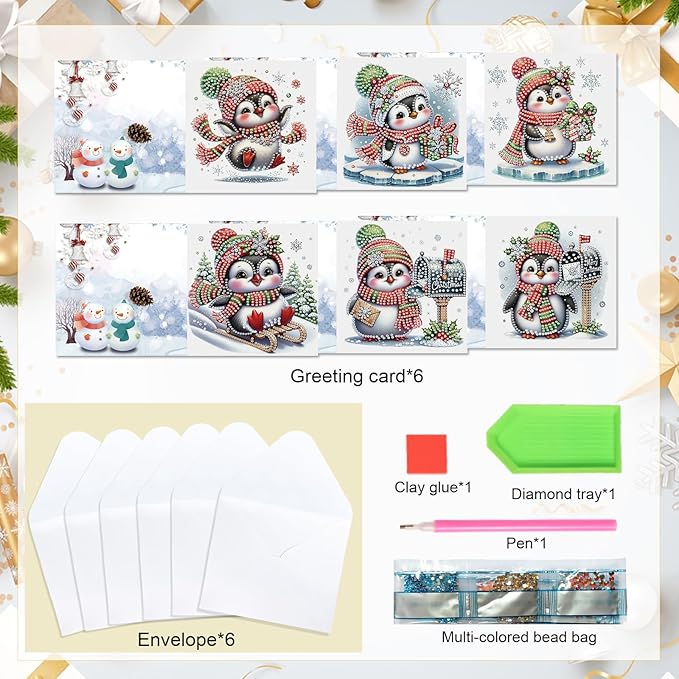Focart Christmas Penguin Greeting Cards, Set of 6, Special Shaped Diamonds Painting, DIY Handcraft for Relatives and Friends with Wishes,Unique Design Crafting for Birthday or Holiday Cards