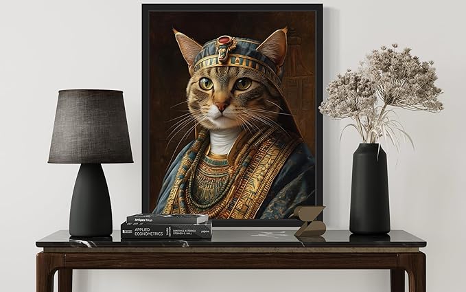 Pharoah Cat Art Poster Print, Cat Kitten Painting Humor Portrait Pet Artwork Decor Gallery A8 (Pharoah, 16 x 20 inches, Black Frame)