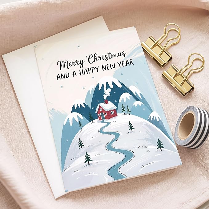 (5.3x8in) Merry Christmas and a Happy New Year Card, Cozy Winter Cabin in Snowy Mountain Design, Classic Holiday Greeting for Family, Friends, Coworkers, or Neighbors Card with Envelope (Xmas New)