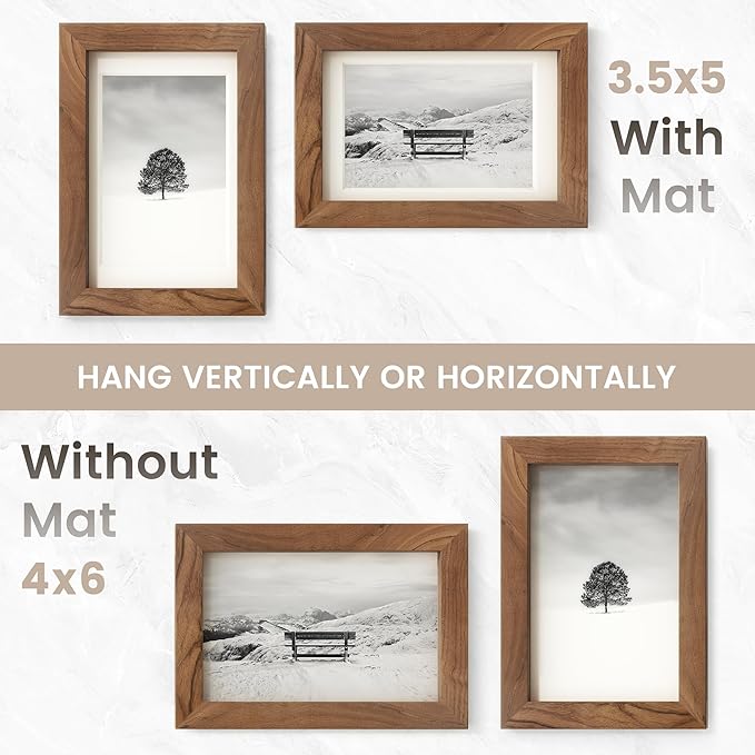 4x6 Picture Frame, USA-Sourced Natural Walnut Wood Photo Collage Frame with HD Tempered Glass, Modern Simple 4 x 6 Wooden Frame Matted to 3.5x5, Gallery Wall Frames for Art, Wall or Tabletop Display