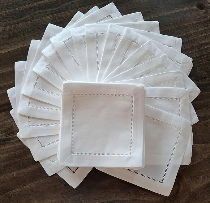 White Cocktail Napkins, White Linen Blend Cocktail Napkins Hemstitch 6x6 Set of 50 Cocktail Napkin, Linen Blend Cloth Coasters, Elegant Reusable Beverage Napkins for Wedding, Party and Entertaining