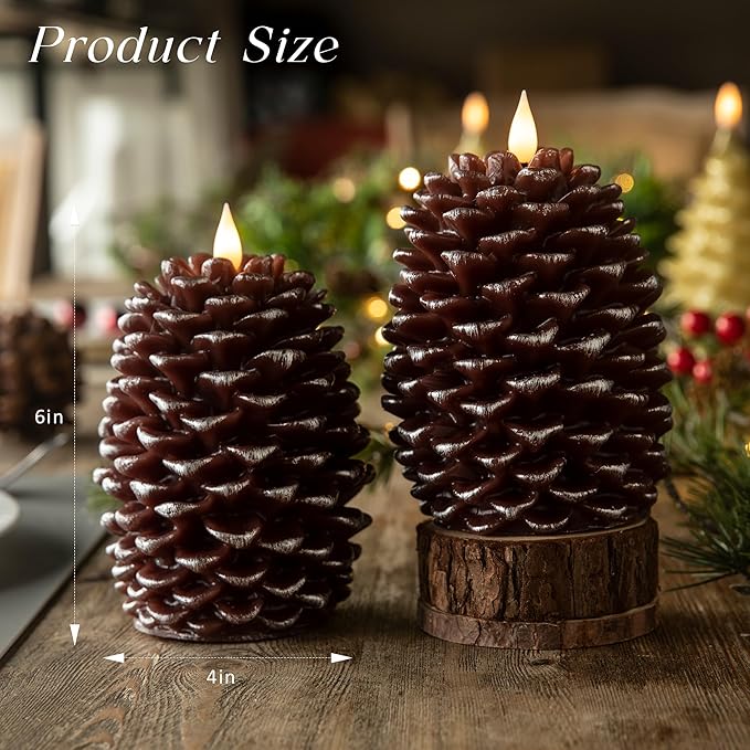 Pinecone Flameless Candles with Remote Timer, 2 Pack Real Wax Battery Operated LED Candles for Christmas Decorations, Rustic Holiday Table Centerpieces, Winter Home Décor Brown