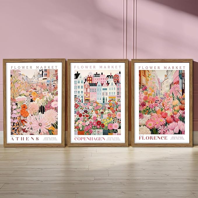 Floral Wall Art Set of 3, Colorful Flower Market Canvas Wall Decor Paintings, Pink Wildflower Botanical Posters Prints Pictures Artwork for Bedroom Living Room 12x16 Inch Wood Framed