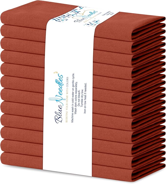 Blue Needles Solid Cloth Napkins Set of 12 Rust 100% Cotton Dinner Napkins 18x18 inches - Soft, Reusable, Absorbent & Washable Linen, Ideal for Christmas Events, Parties & Everyday Use