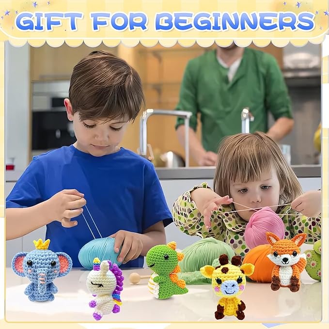 OLHKYN 6Pcs Crochet Kit for Beginners, 2025 DIY Craft for Adults and Kids, Great Gift for Crochet Lovers, Crocheting Animal Kits with Step by Step Videos,Yarn,Crochet Hook,Birthday Holiday Gift