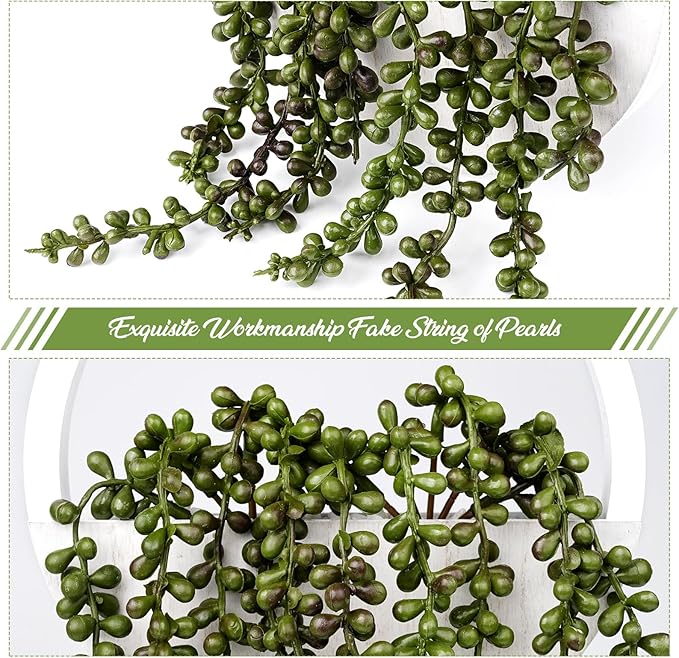 2PCS 12.2" Fake Hanging Plant, Succulent Wall Decor, Fake Plants Decor, String of Pearls in Pot with 8.3" Lanyard for House Indoor Outdoor Bedroom Wall Decor Aesthetic (White)