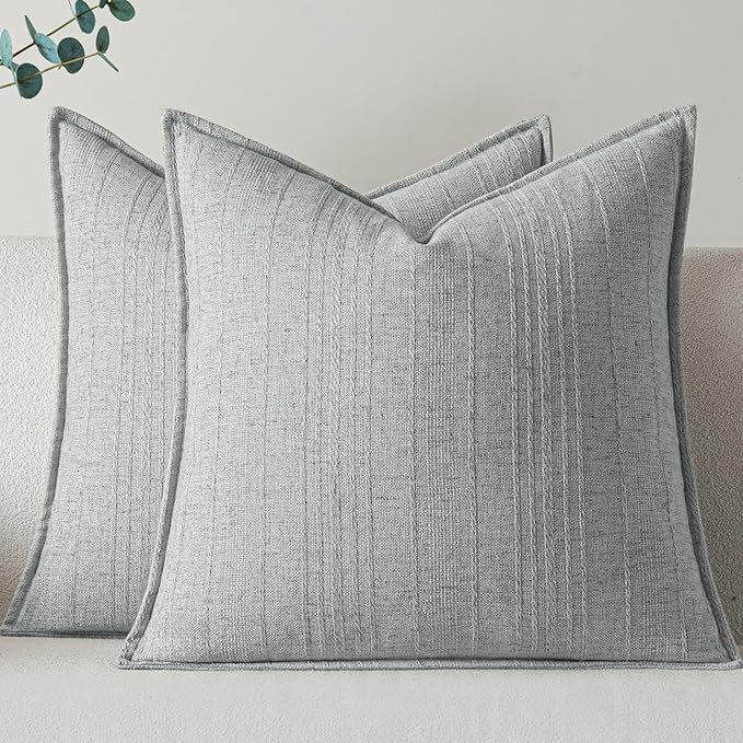 a moment Linen Pillow Covers Set of 2,Boho Farmhouse Throw Pillowcases Neutral Textured Decorative Covers for Couch Sofa,Soft Linen Blend Accent Case Cushion Living Room Home Decor 26"x26"Sky Gray