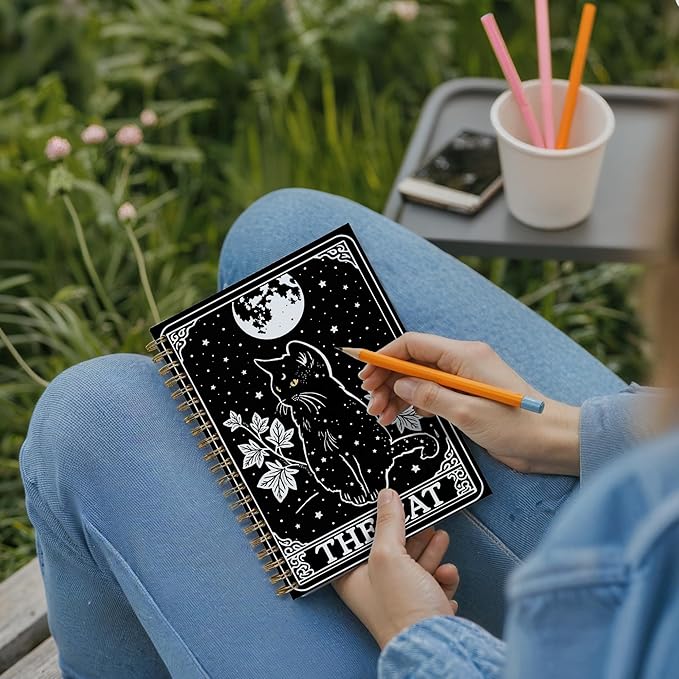 Witchy Black Cat Tarot Notebook, Cats Lover Mom Lady Gifts Journal, Cats Office Supplies, Mystical Celestial Witchy the Cat Tarot Card Spiral Journal Notebook, 5.5x8.3 Inch