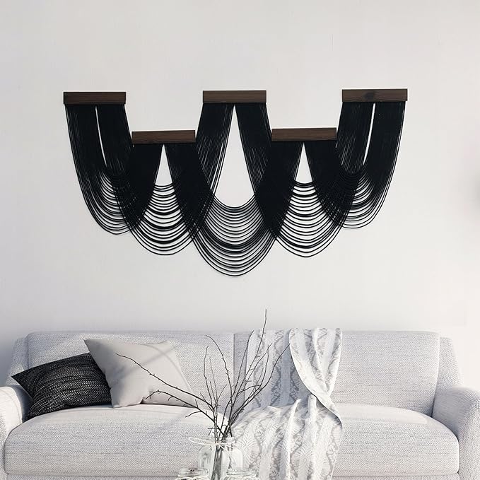 LB Large Macrame Wall Hanging, Black Boho Tapestry Wall Hanging Macrame Wall Art Handmade Yarn Woven Wall Art Modern Home Decor Headboard Wall Decor for Bedroom Living Room Dorm Nursery, 53x28 Inch