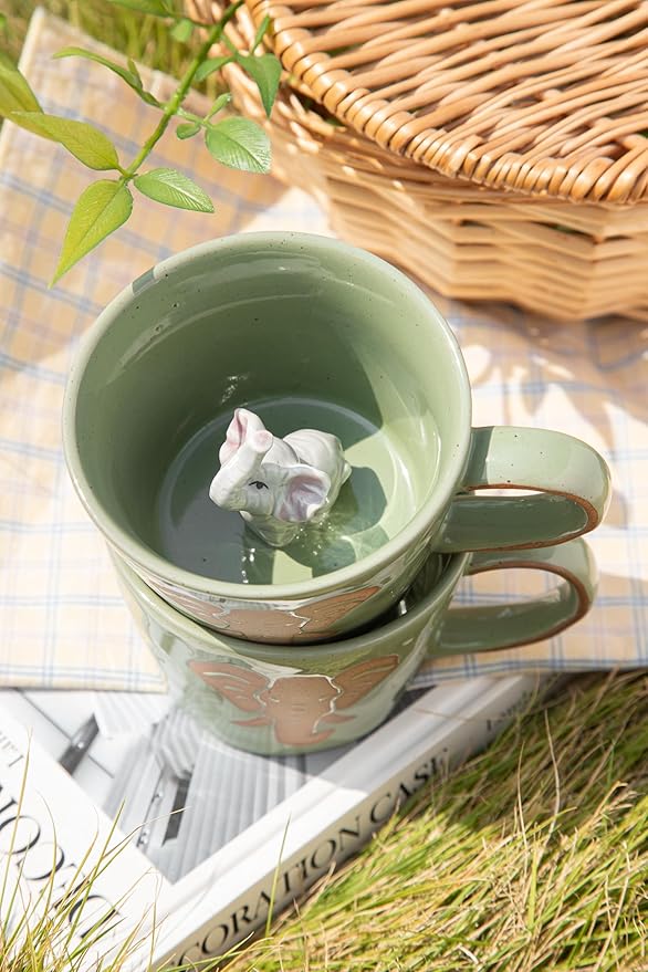 DIHOclub Elephant Coffee Cup Ceramic 3D Wild Animal Inside Mug,Cute Cartoon Handmade Figurine Mugs,Holiday and Birthday Gift for Coffee Milk Tea Lovers,12 O(Green Elephant)