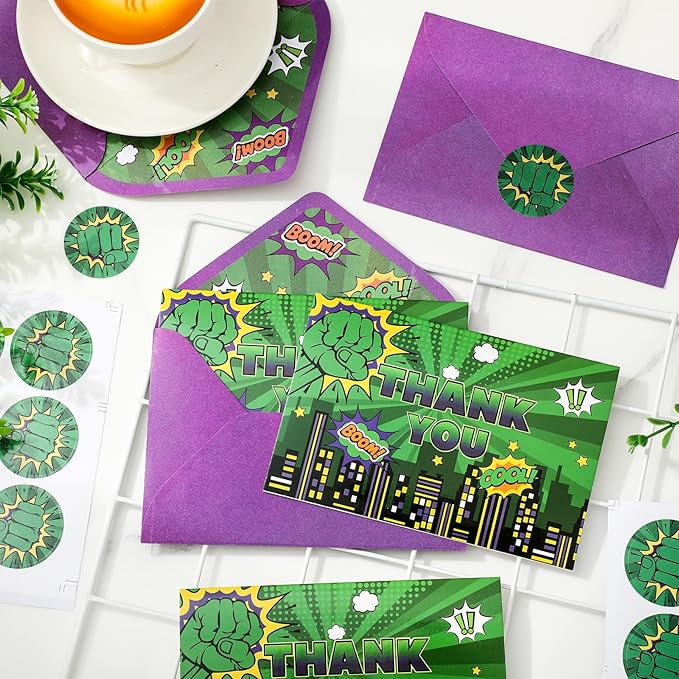 Whaline 24 Pack Green Super Hero Thank You Card Greeting Cards with Envelopes Stickers Cityscape Saying Bubble Blank Note Cards for Birthday Baby Shower Party Supplies