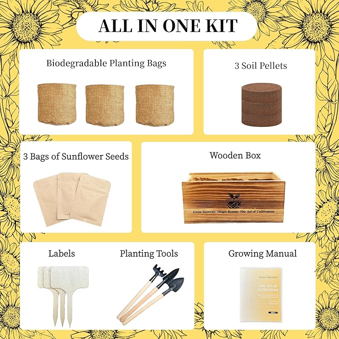 Sunflower Seed for Planting, Windowsill Plant Growing Kit with Planting Bags, Coir Soil & Tools Indoor Garden Plant Starter Kit, Sunflower Gifts, Gardening Gifts for Women & Men