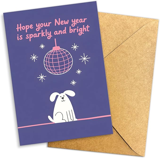 (5.3x8in) Hope Your New Year Is Sparkly and Bright Card with Envelope, Cute Dog and Disco Ball Design, Fun New Year Greeting for Friends, Family, Coworkers, and Pet Lovers (Xmas 30)