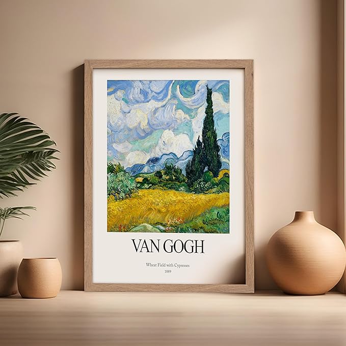 Monem Art Vintage Van Gogh Poster - Retro Impressionist Print - Wheat Field With Cypresses, Trees, Sky, Landscape - Gift for Artist, Friend - Wall Decor for Home, Office, 16x20 Beige Framed