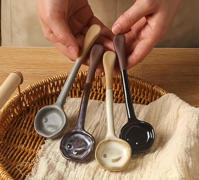 4-Pack - Ceramic Vintage Afternoon Tea, Coffee Whisk, Handmade Spoon, Long-Handle Coffee Scoop, tea scoop for loose tea, Size 5.9 * 1.5in(15 * 4cm)