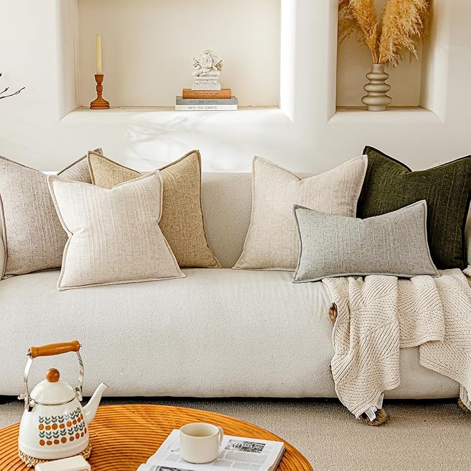 a moment Linen Pillow Covers Set of 2,Boho Farmhouse Throw Pillowcases Neutral Textured Decorative Covers for Couch Sofa, Linen Blend Accent Case Cushion Living Room Home Decor 26"x26" Beige Grey