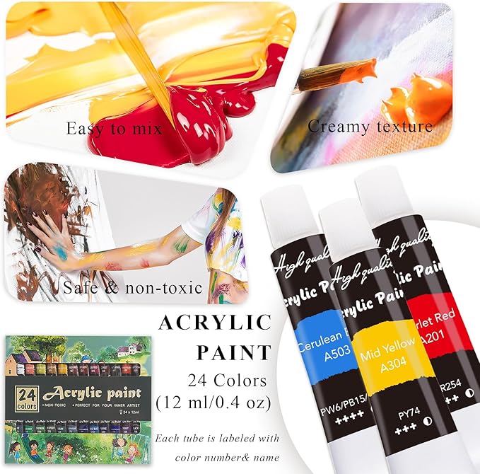 LEYEDZ Acrylic Paint Set for Kids & Adults, 41 PCS Paint Kit, Art Painting Supplies Kit with 24 Acrylic Paints, 8 Paint Brushes, 5 Canvas Panels