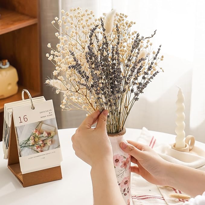 Dried Lavander Flower Bouquet with Babies Breath, Used for Home Farmhouse Decor, Table Decor Real Dried Flowers for vase, Gift for Mother Friend. 16.5 Inches