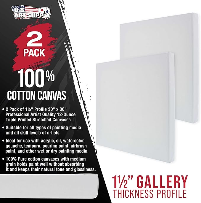 U.S. Art Supply X-Large Stretched Canvas for Painting 30x30 inch Gallery Depth 1-1/2" Thick, 2-Pack - 12oz Acrylic Gesso Triple Primed, Professional Artist Quality, 100% Cotton - Oil, Pouring Paint