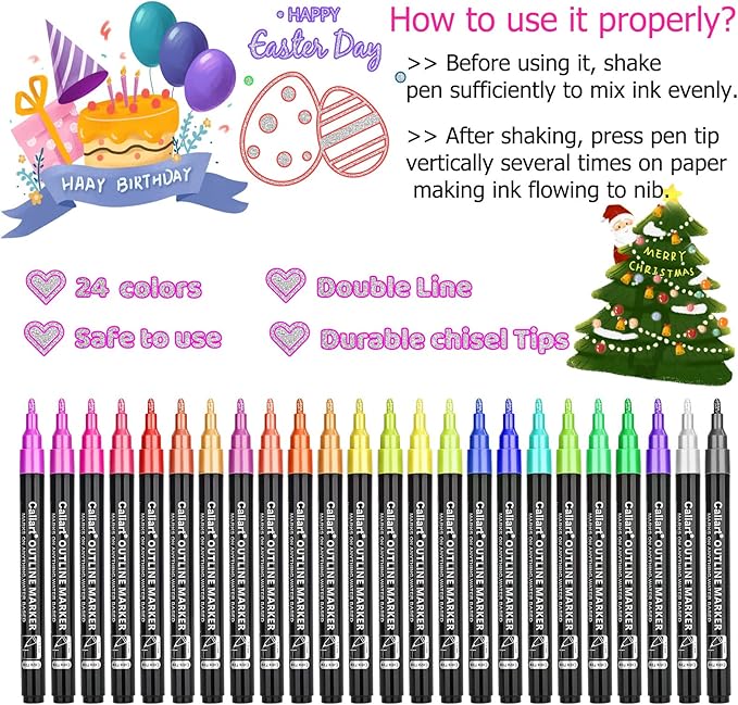 Caliart Stocking Stuffers for Kids Teen Girls, 24 Colors Outline Markers Shimmer Glitter Pens, Christmas Tween Teen Girl Gifts Trendy Stuff, Art Supplies for 6-8-10-12 Year Old Cool Fun Craft Drawing