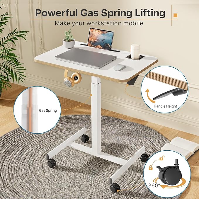 Mobile Standing Desk, Rolling Laptop Cart Adjustable Height with Cup Holder, 28 inch Portable Table with 4 Lockable Wheels, White Computer Workstation with Hook and Slots for Home Office
