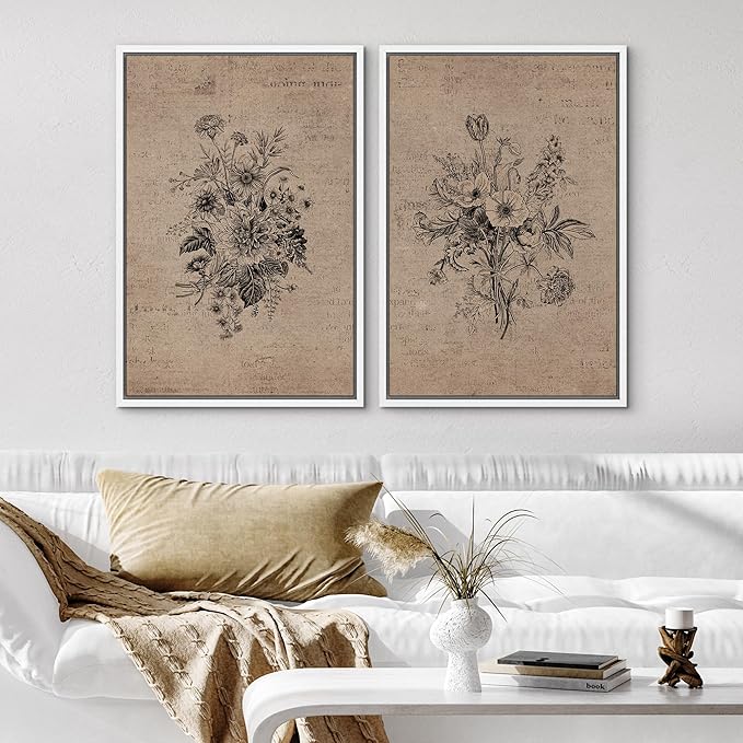 SIGNWIN Framed Canvas Print Wall Art Set Antique Floral Bouquets Vintage Engraved Flowers Modern Minimalism Decorative Nordic for Living Room, Bedroom, Office - 16"x24"x2 White