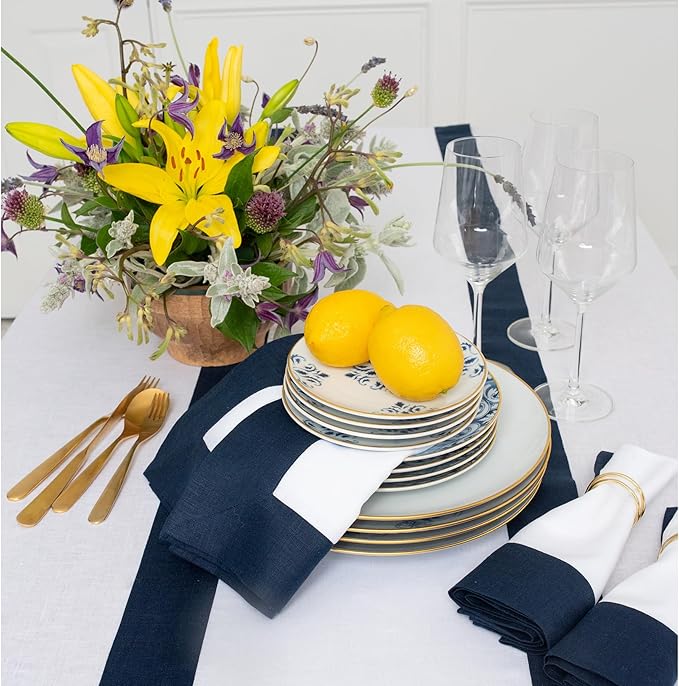 Solino Home Linen Table Runner 36 Inches - 100% Pure Linen Navy and White Table Runner 14 x 36 Inch Ideal for Dresser and Coffee Tables - Spring, Easter, Winter - Contempo