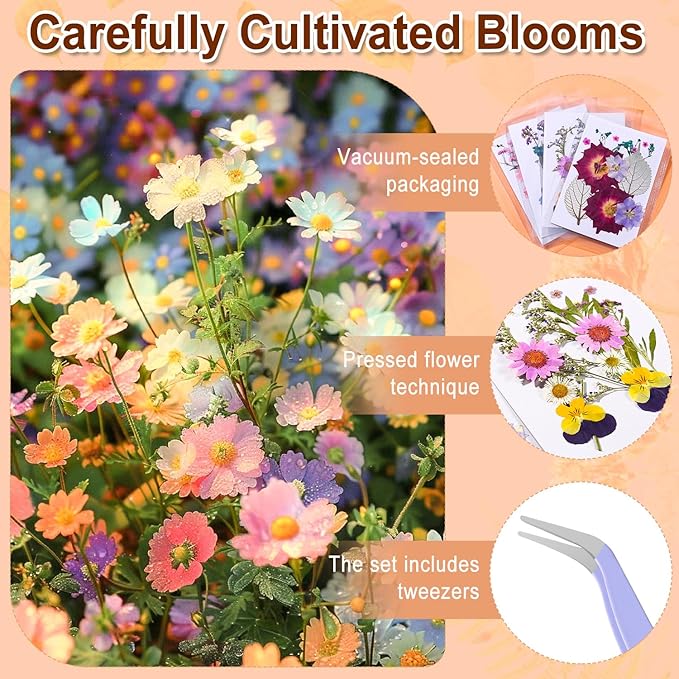 Pressed Dried Flowers for Resin Crafting, Pressed Flowers Natural Preserved Petals & Leaves for Art, Candles, Scrapbooking, Nail Art, Floral Decor