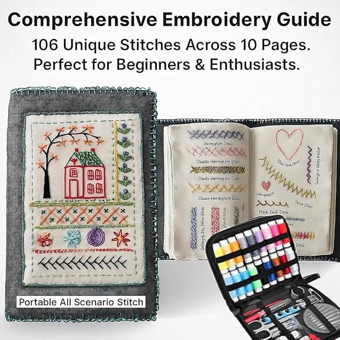 Embroidery kit for Beginners | All-in-One Portable Sewing Kit with 106 Stitch Tutorials & Reusable Linen Practice Book | Complete Embroidery Sampler Book for DIY & Craft Lovers