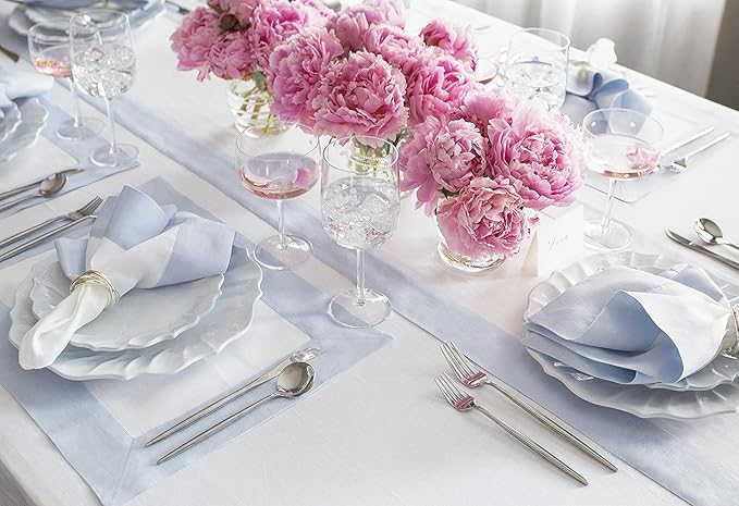 Solino Home Linen Table Runner 72 Inches Long - Light Blue and White 100% Pure Linen 14 x 72 Inch Table Runner for Dining, Winter, Spring, Easter - Contempo