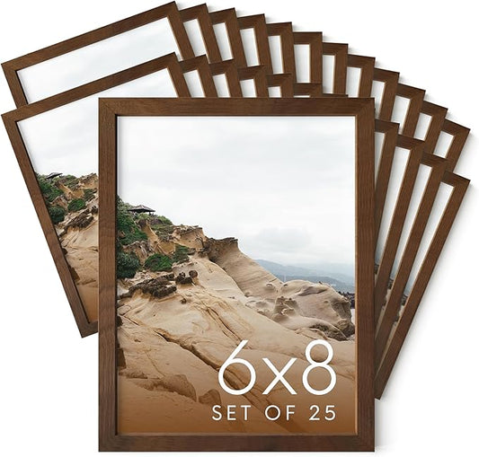 HAUS AND HUES 6x8 Walnut Oak Wooden Picture Frame - Set of 25 6x8 Poster Frame - Premium Oak, Vertical Hang, Shatterproof Plexiglass - Ideal for Home, Room, Office (6x8-inch, Walnut, Set of 25)