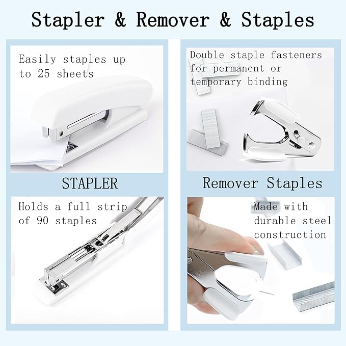 Office Desk Accessories, White Office Supplies Accessories with Tape Dispenser, Stapler, Staple Remover, 1000 Staples, Tape, Clips Set, Ruler, Scissor, Pen