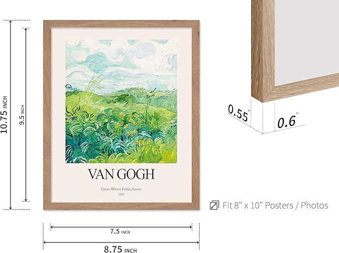 Monem Art Vintage Van Gogh Poster - Retro Impressionist Print - Green Wheat Fields, Auvers, Sky, Leaves, Landscape - Gift for Artist, Friend - Wall Decor for Home, Office, 8x10 Beige Framed